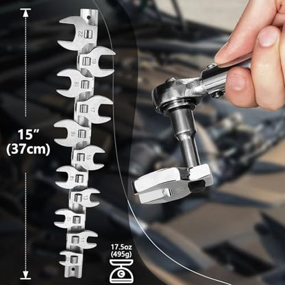 3/8 Inch Drive Crowfoot Wrench Set,11Pcs Metric Crows Foot Wrenches with Clip-on Organizer 10-22mm Ratcheting Flare Nut Open End Wrench Tool for Mechanics Automotive Repair Work