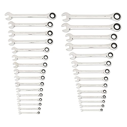 GEARWRENCH 30 Piece 12 Point Ratcheting Combination SAE/Metric (1/4-1 in., 8-24 mm) Wrench Set with Wrench Racks - 86702 - size: 30 Piece