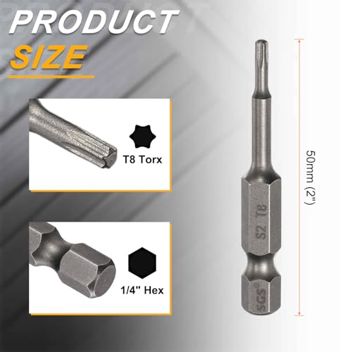 HARFINGTON 10pcs T8 Torx Head Screwdriver Bit 1/4" Hex Shank 2" (50mm) Long Magnetic No Hole Tip Tamper Proof 6 Point Star Screw Driver Drill Bits S2 Steel Industrial Power Screwdrivers - size: T8 x 2"