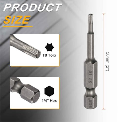 HARFINGTON 10pcs T8 Torx Head Screwdriver Bit 1/4" Hex Shank 2" (50mm) Long Magnetic No Hole Tip Tamper Proof 6 Point Star Screw Driver Drill Bits S2 Steel Industrial Power Screwdrivers - size: T8 x 2"