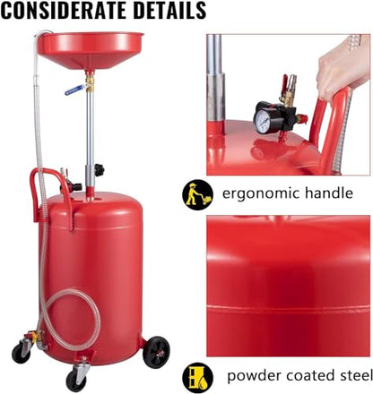 VEVOR Oil Drain Container, 20 Gallon Waste Oil Drain Tank, Portable Oil Lift Drain Pan Air Operated Drainer, Fluid Fuel Drainage Adjustable Funnel Height with Pressure Regulating Valve & Wheel - size: 20 Gallon