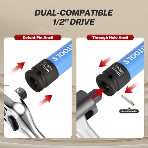 BILITOOLS 17mm Lug Nut Socket, 1/2" Drive Thin Wall Impact Socket | Non-Marring Sleeve, 6-Point Cr-Mo Wheel Socket for Tire Changes, Rims and Auto Repair - size: 17MM