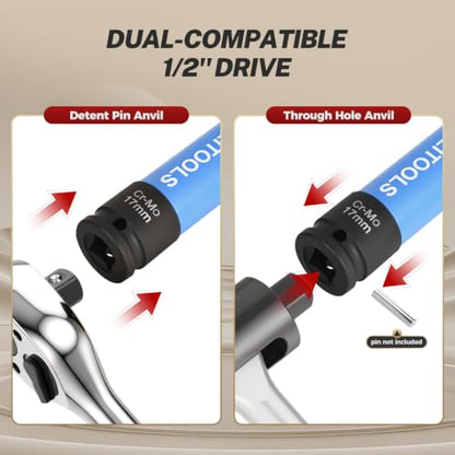 BILITOOLS 17mm Lug Nut Socket, 1/2" Drive Thin Wall Impact Socket | Non-Marring Sleeve, 6-Point Cr-Mo Wheel Socket for Tire Changes, Rims and Auto Repair - size: 17MM