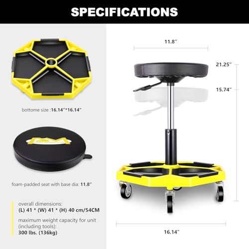 PM PERFORMOTOR Adjustable Height Pneumatic Garage Seat Rolling Mechanic Stool with Tool Tray Storage,300lbs Max Weight Capacity, Yellow,PM-TOL-ATS-YL - color: Yellow