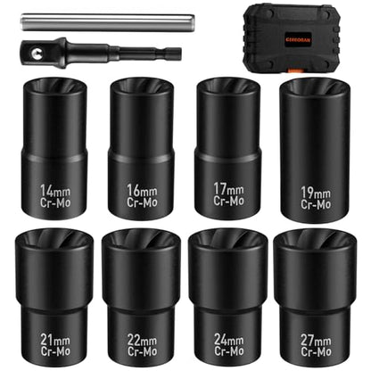GIREORAN Wheel Lock Removal Kit, 10 Piece Lug Nut Remover, 1/2-Inch-Drive Impact Easy Out Bolt Extractor Socket Set for Removing Damaged, Frozen, Rusted, Rounded-Off Bolts, Nuts & Screws - size: 10 Piece