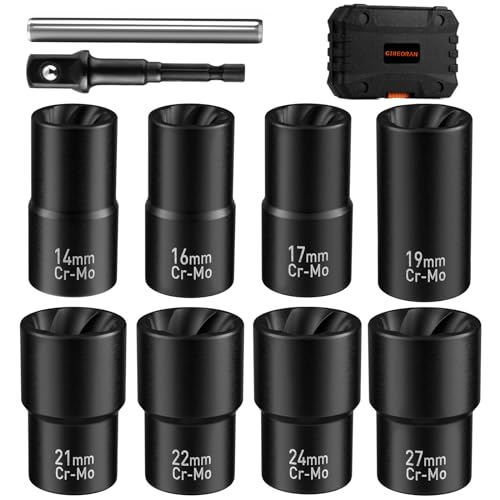 GIREORAN Wheel Lock Removal Kit, 10 Piece Lug Nut Remover, 1/2-Inch-Drive Impact Easy Out Bolt Extractor Socket Set for Removing Damaged, Frozen, Rusted, Rounded-Off Bolts, Nuts & Screws - size: 10 Piece