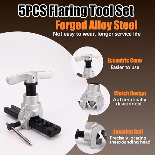 Flaring Tool Kit, Flare Tool HVAC, Copper Pipe Flaring Tool | 1/4''-3/4'' and 6-19mm 45° Eccentric Single Flare Tool with Tubing Cutter. For HVAC, Air Heaters, Refrigerators Maintenance - color: 5-Piece Set