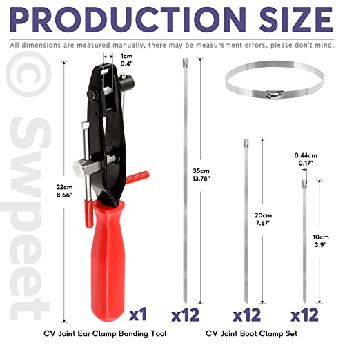 Swpeet 37Pcs 4" 8" 14" CV Joint Ear Clamp Banding Boot Clamp Tool with Stainless Steel Band Clamps Locking Metal Cable Zip Ties Kit, Perfect for Mounting CVT Joint Boots, ATV Axle Boot, Auto/ATV