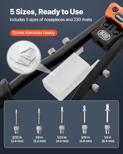 VEVOR Pop Rivet Gun Kit, with 230 Blind Rivets, Two-Handed Riveter with 5 Interchangeable Nosepieces, 5 Drill Bits, and a Carrying Case, Manual Riveting Tool for Metal, Automotive, Home, and DIY - size: 16", style: RIVET GUN
