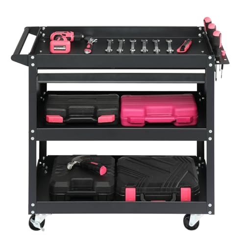 3 Tier Rolling Tool Cart, 3-Tier Tool Cart on Wheels, Mechanic Tool Cart on Wheels, Heavy Duty Utility Cart with Drawers and Pegboard, 330 LBS Capacity Tool Storage Cart for Garage, Warehouse - color: A