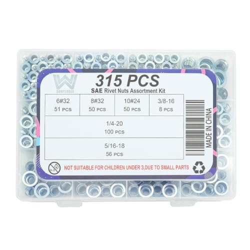 315 Pcs SAE Rivet Nut Kit, 6#32 8#32 10#24 1/4 5/16 3/8 | Zinc-Plated Carbon Steel, 6#32 8#32 10#24 1/4-20 5/16-18 3/8-16 - size: SAE Kit (315 Pcs)