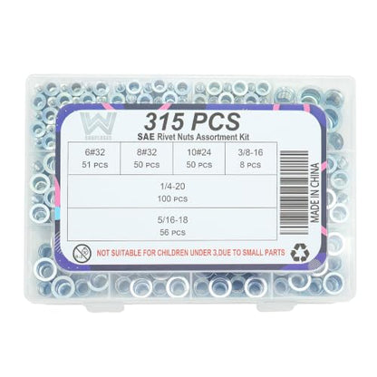 315 Pcs SAE Rivet Nut Kit, 6#32 8#32 10#24 1/4 5/16 3/8 | Zinc-Plated Carbon Steel, 6#32 8#32 10#24 1/4-20 5/16-18 3/8-16 - size: SAE Kit (315 Pcs)