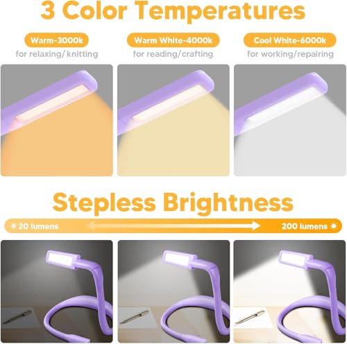 Back to School Supplies Reading Light: Purple Gifts Neck Light with Storage Case for Book Lovers Knitters Crafters, 10-80Hrs Eye-friendly Rechargeable Book Reading Lamp Knitting Crochet Craft Light - color: Purple Light, Purple Box