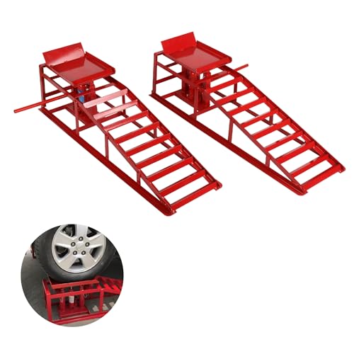 2 Pack 5T Low Profile Hydraulic Car Ramps, Red | Integrated Hydraulic Jack, Adjustable Lifting Height, High-Strength Steel, Ideal for Low Profile Vehicles, DIY Garage - size: 10000lbs/5T-Red
