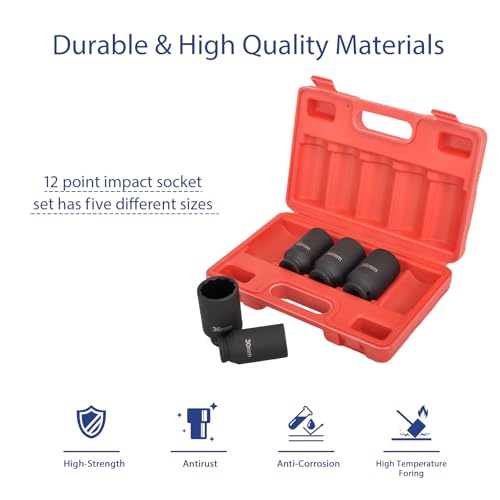 1/2" Drive 12-Point Cr-Mo Deep Axle Nut Impact Socket Set, 5PC | Heavy-Duty Cr-Mo Steel, Fits 30-36mm (5PC), 12-Point Anti-Round-Off Design, Clear Laser Markings, Carrying Case Included - color: 5pcs
