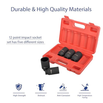 1/2" Drive 12-Point Cr-Mo Deep Axle Nut Impact Socket Set, 5PC | Heavy-Duty Cr-Mo Steel, Fits 30-36mm (5PC), 12-Point Anti-Round-Off Design, Clear Laser Markings, Carrying Case Included - color: 5pcs