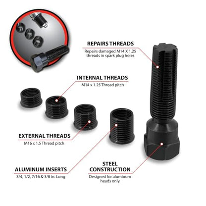 Performance Tool W83164 14 mm Spark Plug Thread Repair Tool Kit | Automotive spark plug hole rethreader. Includes 3/8, 7/16, 1/2, and 3/4 inch inserts. Heat treated alloy steel tap - style: 14mm Spark Plug Rethread Kit