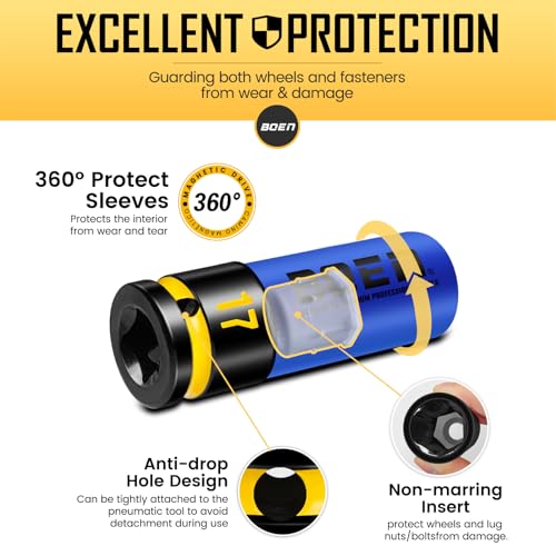 BOEN 17mm 1/2" Drive Wheel Protector Impact Socket, Non-Marring Thin Wall Wheel Protector Nut Socket, Color-Coded, Embossed and Painted Marking, CR-MO Steel - style: 17MM
