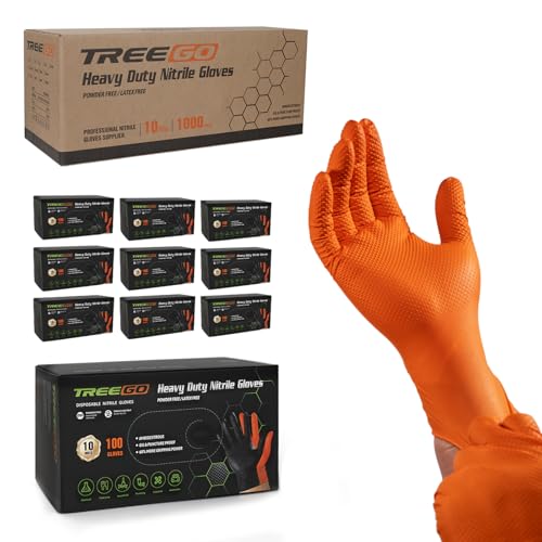 TREEGO Orange 10 Mil Diamond Grip Nitrile Gloves Case, XL, 1000 Count | Latex Free, Heavy Duty Grip for Fleet Maintenance, Heavy Equipment, Utility Service & Outdoor Operations - color: 1000 Orange, size: X-Large