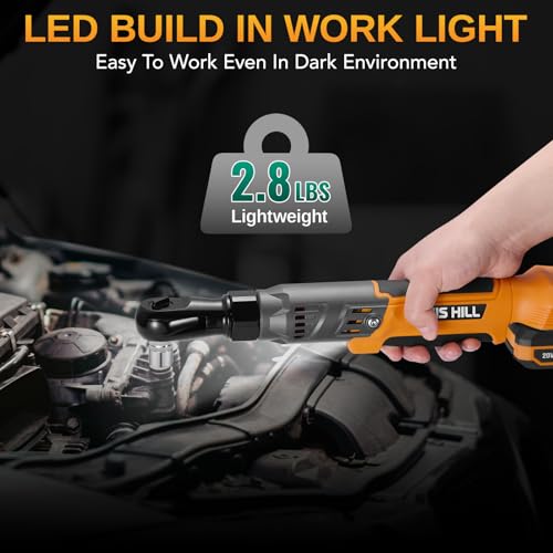 This Hill 3/8" 66 Ft-lbs Brushless Power Ratchet Driver with 2 Pack 15C 2000 mAh Lithium-Ion Battery, 20V 90NM Cordless Electric Ratchet Wrench Set, 1/4" and 1/2" Adapter for Automobile Engine