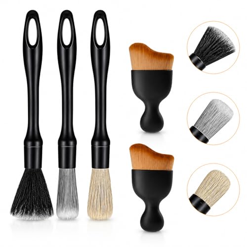 Car Detailing Brush Kit, 5PCS Auto Cleaning Brushes Set with Soft Boar Hair and Vent Brushes, Interior and Exterior Detailing Tools for Dashboard Wheels Air Vents, Universal Car Cleaning Kit