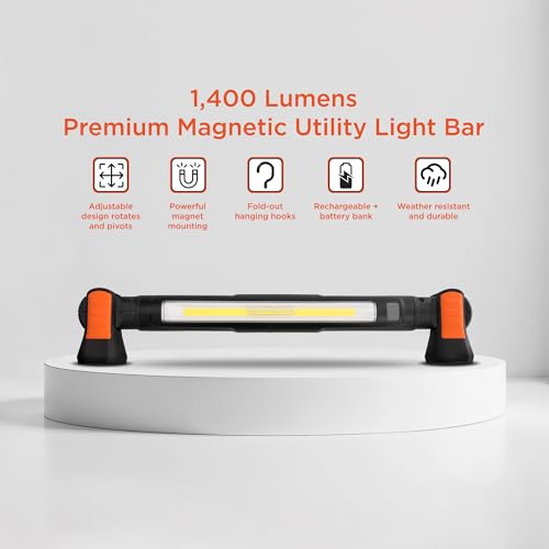 BLACK+DECKER Magnetic LED Light Bar & 2600mAh Power Bank, Adjustable 1400 Lumens COB Utility Work Light, 4 Modes, 360° Rotation, Dual Hooks, IK07 Shock-Resistant, Indoor/Outdoor IP54 Weather-Resistant