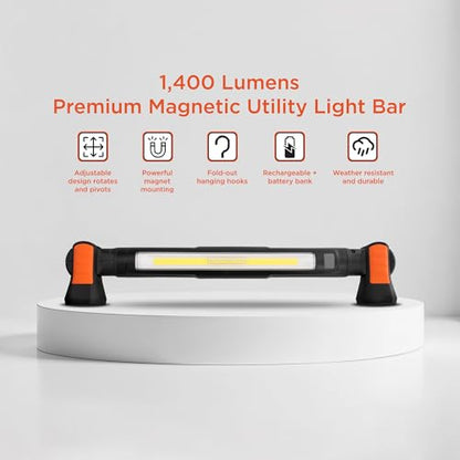 BLACK+DECKER Magnetic LED Light Bar & 2600mAh Power Bank, Adjustable 1400 Lumens COB Utility Work Light, 4 Modes, 360° Rotation, Dual Hooks, IK07 Shock-Resistant, Indoor/Outdoor IP54 Weather-Resistant