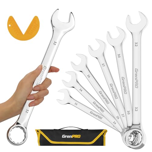 GRENPRO Metric Wrench Set, Large Wrench Set Metric and Standard, 7PC 23mm, 24mm, 26mm, 27mm, 30mm, 32mm Long Big Open End Wrench Tool Set Roll Up Pouch Organizer with Gauge, Combination Wrenches Sets - style: Metric Wrench Set Large