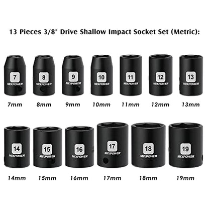 MIXPOWER 13 Pieces 3/8-Inch Drive Shallow Impact Socket Set, 7mm to 19mm, CR-V, Metric, 6 Point, Shallow, 13 Pieces 3/8" Dr. Socket - size: 9/32" - 3/4" (Shallow)