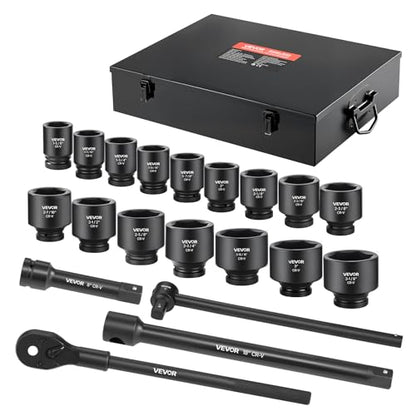 VEVOR 1 in Drive Impact Socket Set, 21 Piece, 6 Point Shallow Impact Sockets, SAE (1-5/8 in to 3-1/8 in), with 8 in & 18 in Extension Bars, 24 in Ratchet, Cr-V Steel, Size Marking, and Carrying Case - style: 1" 21 PCS
