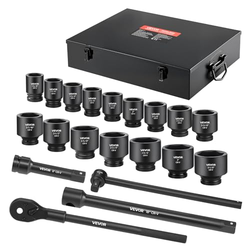 VEVOR 1 in Drive Impact Socket Set, 21 Piece, 6 Point Shallow Impact Sockets, SAE (1-5/8 in to 3-1/8 in), with 8 in & 18 in Extension Bars, 24 in Ratchet, Cr-V Steel, Size Marking, and Carrying Case - style: 1" 21 PCS