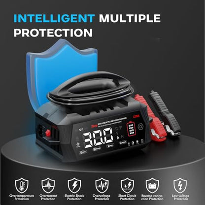 30 Amp Battery Charger, 6V/12V/24V Lithium LiFePO4 Lead Acid Smart Car Battery Charger, Automotive Maintainer Trickle Charger for Car, SUV, Motorcycle, Boat, Lawn Mower - color: 30A-black