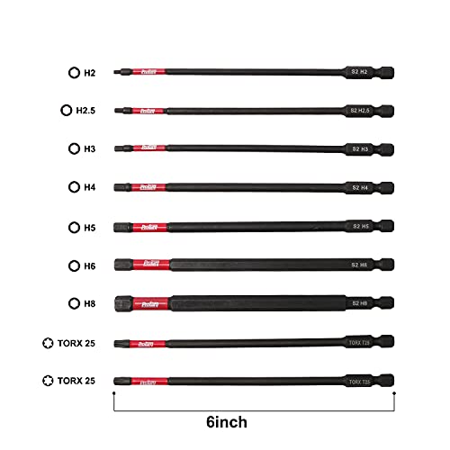 Protorq Long Impact Bit Set, Hex H2-H8,TORX T25, 6-Inch Length, 9-Piece,Industrial Strength, 1/4" Hex Shank, widely used in motorcycle, bike maintance. - size: 9pc 6 in. H2-H8 T25