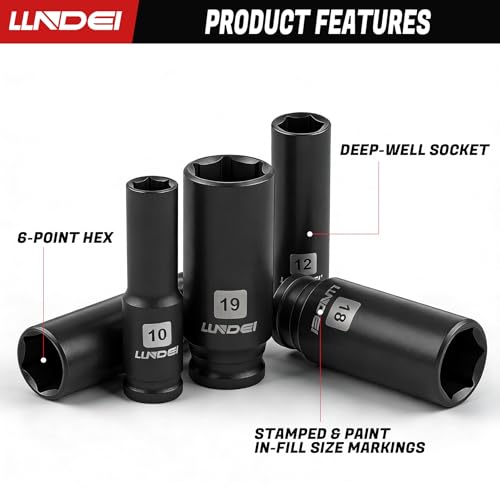 LLNDEI 3/8" Drive Impact Socket Set (Metric & Sae) 45Pcs | Transparent Case and EVA Foam Insert, Cr-V Material, Automotive Engine and Daily Home Repair, Engine Repair, Tire Changes
