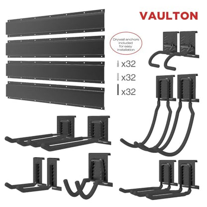 VAULTON Heavy Duty Metal Slot Wall Panel Garage Organization Kit, 4 * 24inches, Wall Mounted Tool Organizer With 11 Hooks, Interlocking Slot Panel, 15pcs - style: 96inch 4 Panels+11 Hooks