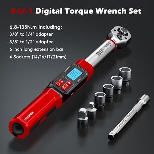3/8" Digital Torque Wrench Set, 5-99.6 Ft.lb, ±2% Accuracy, 8pcs | Electronic Torque Wrench with LED & Buzzer Alerts, 4 Sockets, Extension Bar & Adapters for Automotive, Motorcycle, Bicycle - size: 3/8" 5-99.6Ft.lb/6.8-135N.m
