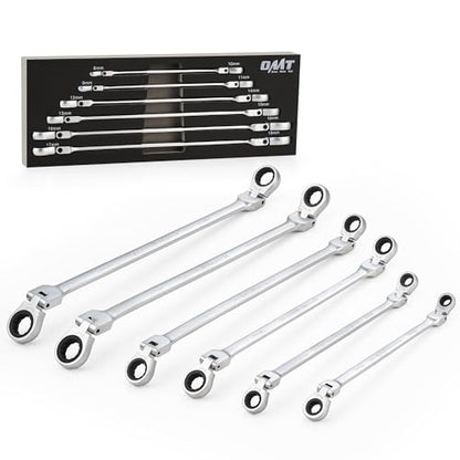 OMT 6Pc Metric Extra Long Flex-Head Ratcheting Wrench Set, 8-19mm Range | Durable 40CrV Steel Build; 72-Tooth Gearing; 180° Rotating Flex-Head; 12-Point Design; High-Torque Performance For Mechanics