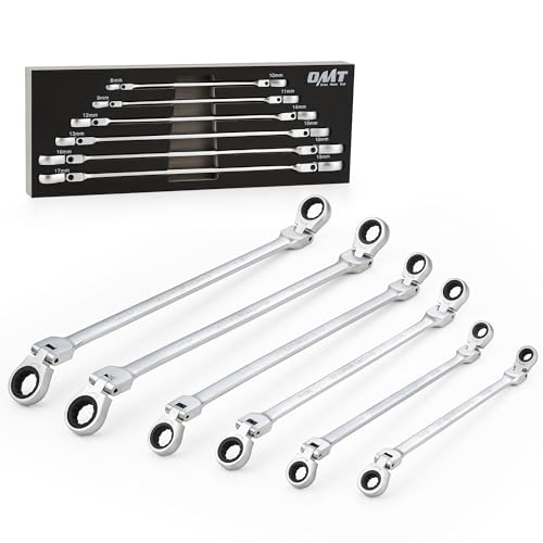 OMT 6Pc Metric Extra Long Flex-Head Ratcheting Wrench Set, 8-19mm Range | Durable 40CrV Steel Build; 72-Tooth Gearing; 180° Rotating Flex-Head; 12-Point Design; High-Torque Performance For Mechanics