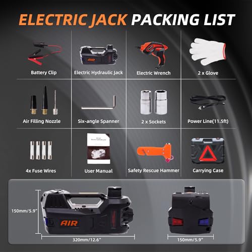 STANDTALL Electric Car Jack 5 Ton 12V Hydraulic, Impact Wrench, Inflator | Fits Sedan SUV Truck, Lift Range 5.9-17.7in, 350 N·m Torque, 35L/min Air Pump, 150 PSI Gauge, Compact Case - color: Black Jack+Impact Wrench