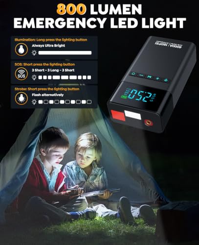 Car Battery Jump Starter with Air Compressor 6000A 160PSI, Car Jumper Starter Portable (All Gas/12L Diesel), 12V Jump Box Car Battery with Auto-Shutoff Tire Inflator, Jumper Cables and Light - color: Glossy Black