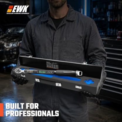 EWK 3/8" Drive Digital Angle Torque Wrench 5-100 ft-lbs (6.8-135 Nm) | ISO 6789, ±1.5% clockwise / ±2.5% counterclockwise/ ±2% Angle, LCD Display, LED Buzzer Vibration Alert, 30 Memory Values