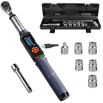 Goseek Upgraded Rechargeable Digital Torque Wrench 90 Tooth, 7.4-147.5 Ft-lbs/10-200Nm, 1/2'' Drive Electric Torque Wrench with Buzzer & LED & Vibration for Motorcycle Car Tires Repair