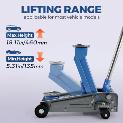 LARBANKE 3 Ton Floor Jack with 360° Swivel Castors,Heavy-Duty Floor Jack Load Capacity up to 6,600 lbs,Carbon Steel Jack for Rapid Lifting,Range from 5.31''-18.11'',Suitable for a Wide Range of Cars - size: 46cm