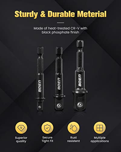 BOEN Impact Grade Socket Adapter Set, 3-PCS Drill Bit Adapter with Bit Holder, Sizes 1/4", 3/8", 1/2", 1/4-Inch SAE Hex Shank, Cr-V with Black Phosphate Finish - size: 3PCS SAE (UPGRADE)
