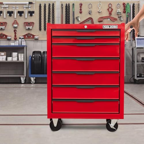 7-Drawer Rolling Tool Chest with Locking Wheels & Drawers, 13" D x 24.2" W x 34.6" H Mobile Tool Storage Cabinet, Heavy-Duty Garage Organizer w/Ergonomic Handle - color: Red