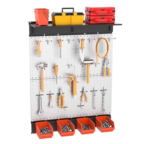 TORACK Metal Pegboard with Accessoreis for Garage Wall, Tool Organizer Pegboard with Hooks, Wall Mounted Bins/Shelf, Tool Storage Peg Board for Wall(Grey) - color: Gray