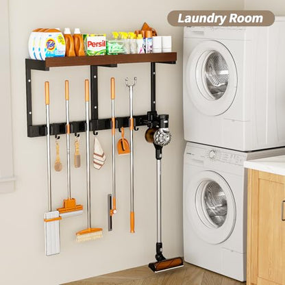 Broom and Mop Organizer Wall Hanging, Broom Hanger Holder Wall Mount | 3-in-1 mop and broom holder wall mount with 5 racks,5 hooks, storage shelf & vacuum organizer for garage,kitchen,laundry room
