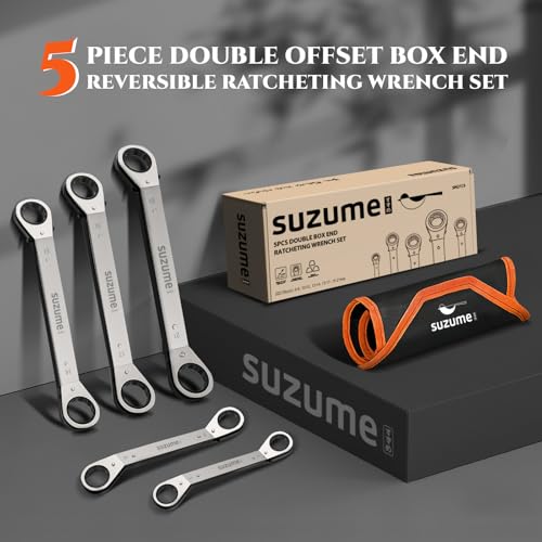 SUZUME 5-Piece Double Reversible Offset Ratcheting Wrench Set Metric (6-21mm) Offset 25° Double Box Wrench for Automotive Repair Industrial Machinery Maintenance DIY with Rolling Pouch - size: Metric