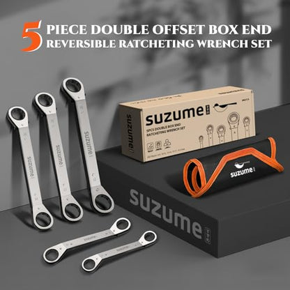 SUZUME 5-Piece Double Reversible Offset Ratcheting Wrench Set Metric (6-21mm) Offset 25° Double Box Wrench for Automotive Repair Industrial Machinery Maintenance DIY with Rolling Pouch - size: Metric