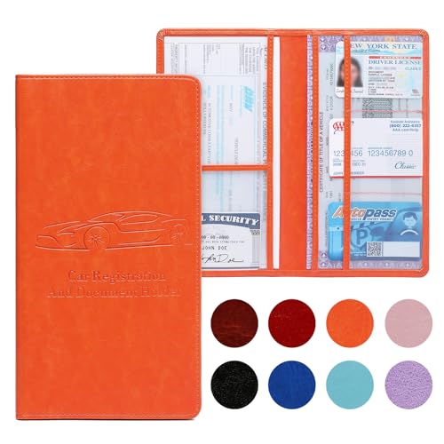 Car Registration and Insurance Card Holder for Women Men, Orange Glove Box Paperwork Organizer with Magnetic Buckle for Easy Access and Protect Documents and Various Cards in Vehicle - color: Orange